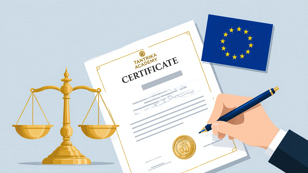 Certifikát s razítkem, váhy spravedlnosti a EU vlajka, symbolizující legitimitu.