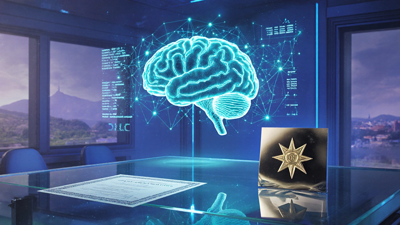 Futuristická laboratoř s holografickým mozkem, chakra linkami a certifikátem evropských standardů.