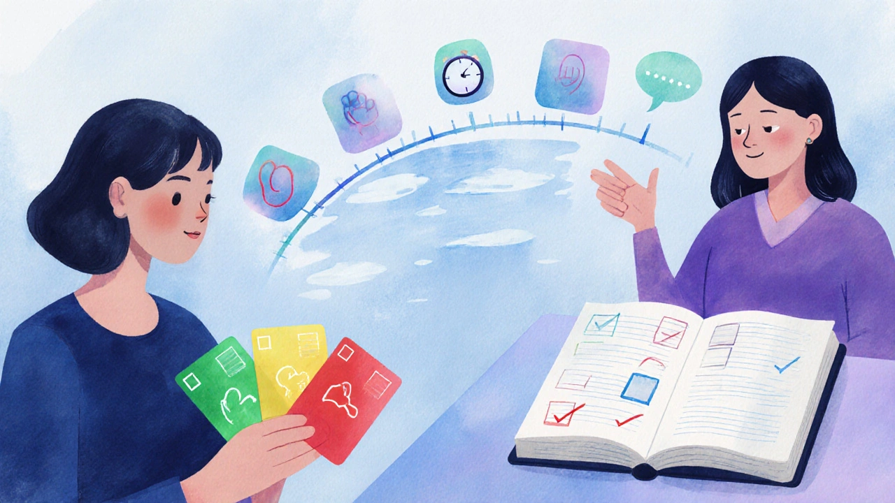 Scéna ukazující barevné signály (zelená, žlutá, červená) a postupný kontakt rukou během terapie.