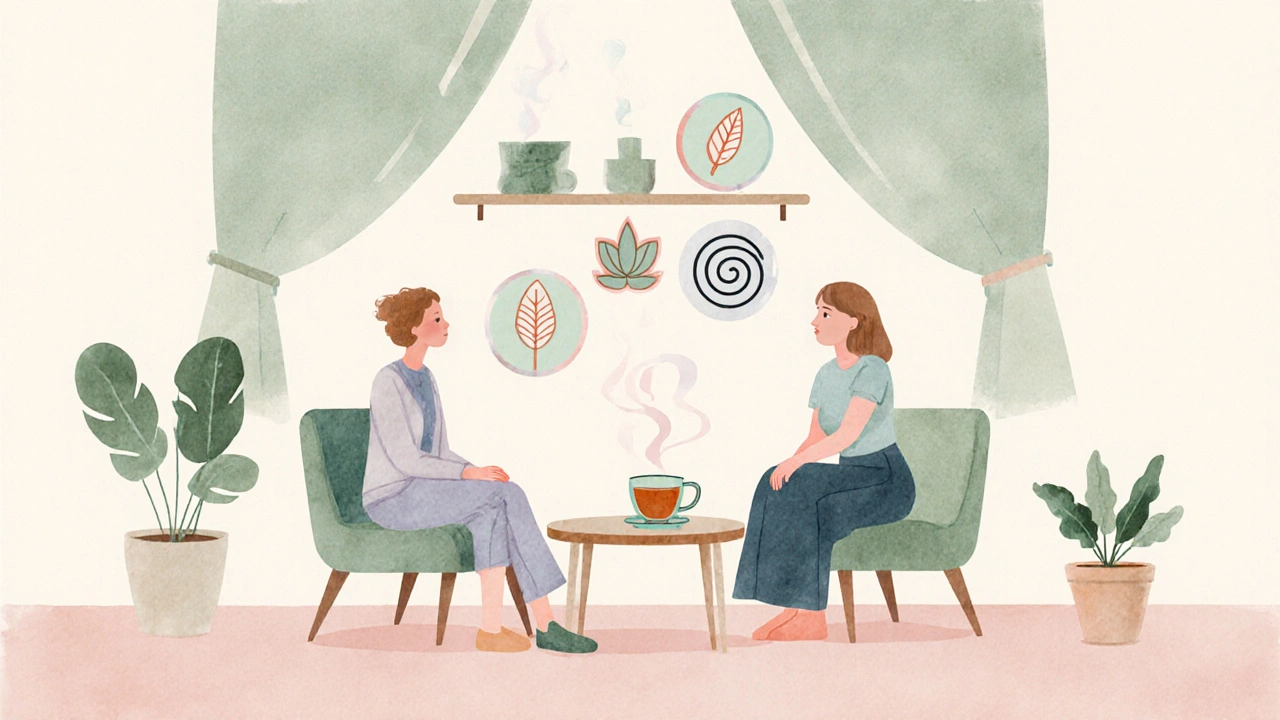 Terapeutka a klientka v útulné kanceláři, na polici jsou symbolické certifikáty a připravený čaj.