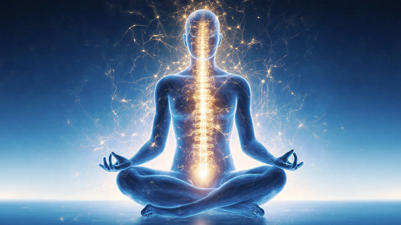 Abstraktní postava září zevnitř zlatou energií, která proudí od hlavy k nohám, symbolizující klid a vědomí.