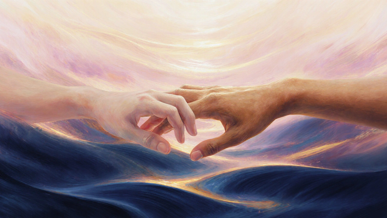 Abstraktní vlny barvě symbolizující energii a spojení během tantrické masáže, bez lidských těl.