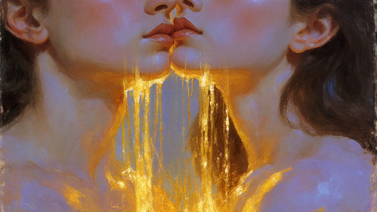 Abstraktní vlny tepla vyzařující z dotyku rty, symbolizující uvolnění a spojení bez slov.