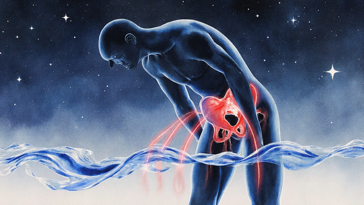 Abstraktní znázornění uvolnění napětí v pánvi pomocí proudu světla a barev.