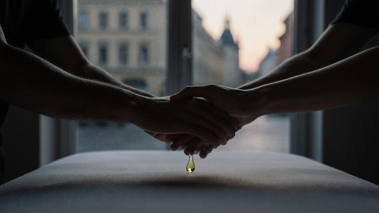 Dvě ruce se dotýkají nad masážním stolem, symbolizující důvěru a spojení při terapii.