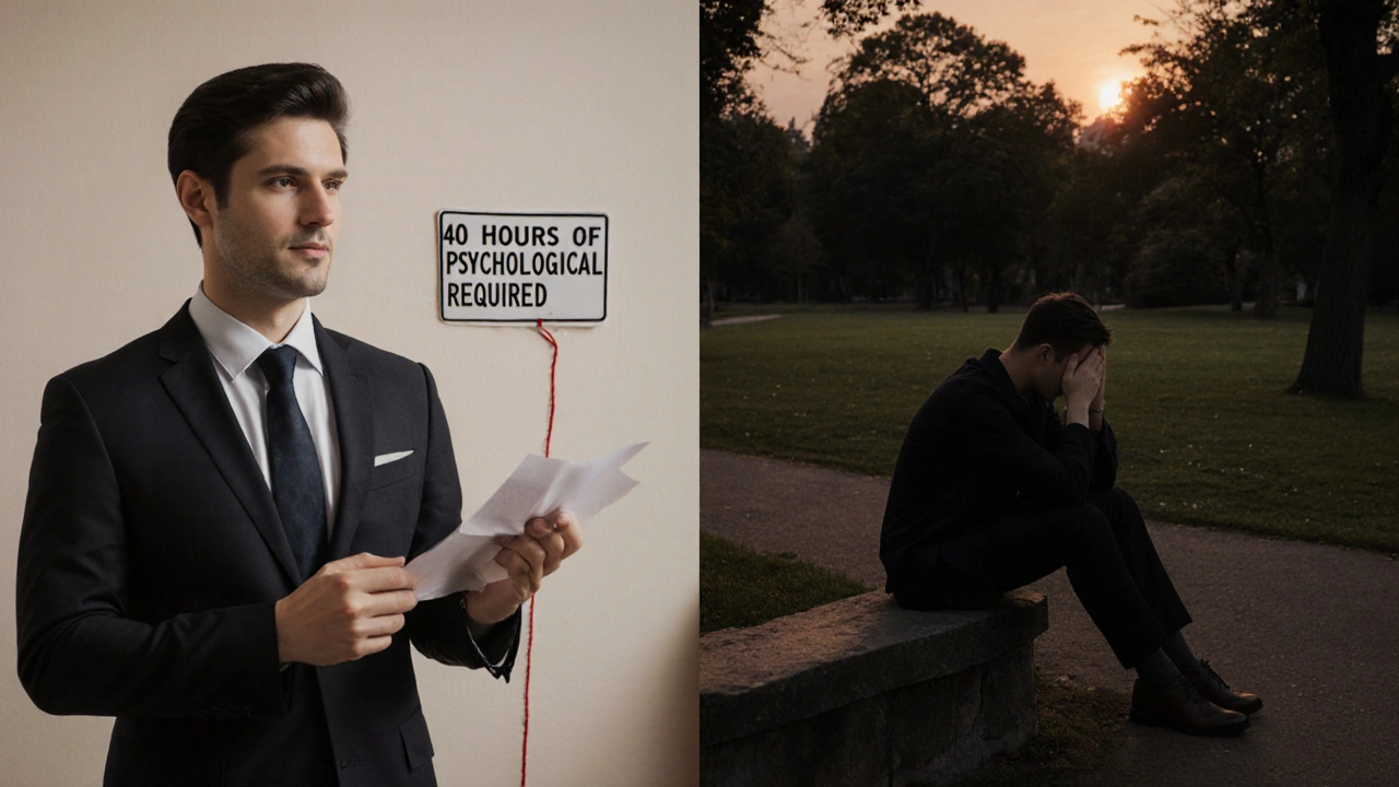 Dvě scény: masér odmítá seanci a klient sedí sám v parku — symbol odpovědnosti a bezpečí.