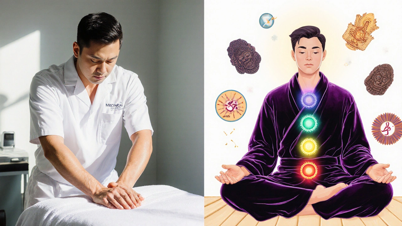 Dvojí scéna: legální masér v klinice vs. stejný muž v fiktivním tantrickém prostředí s magickými symboly.