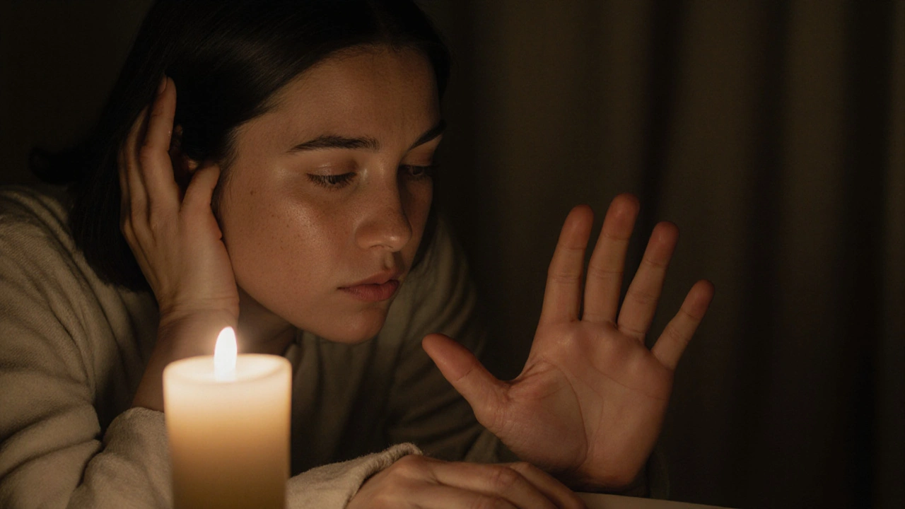 Klient zvedá ruku jako signál &#039;stop&#039;, terapeut okamžitě ustupuje, jen přítomnost a respekt.