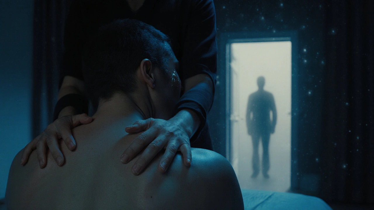 Masseurova ruka se blíží k zádech klienta, který pláče, zatímco v pozadí se objevuje stín traumatu.