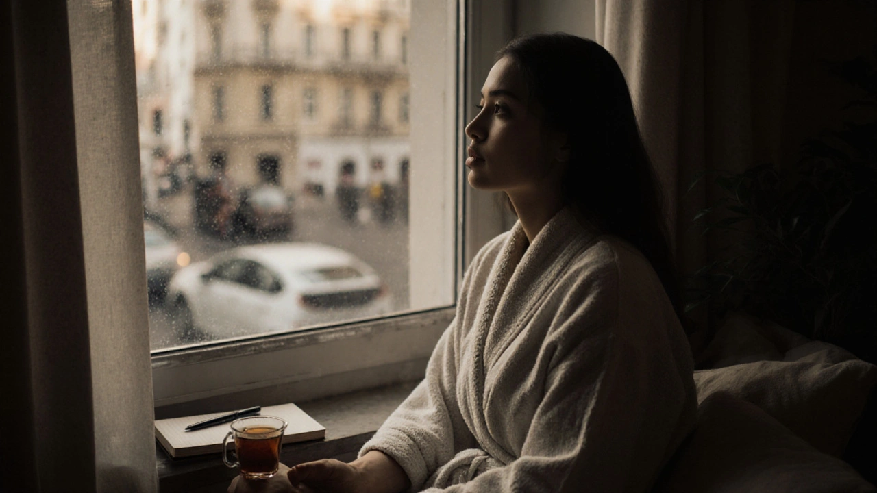 Osoba po masáži sedí v klidném koutě studio, pije čaj a je v hlubokém klidu.