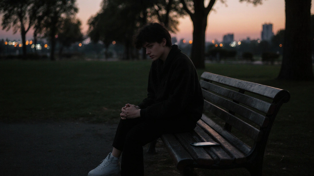 Osoba sedící v klidu na lavičce v parku ve večerní tmě, zavřené oči, telefon položený obráceně.