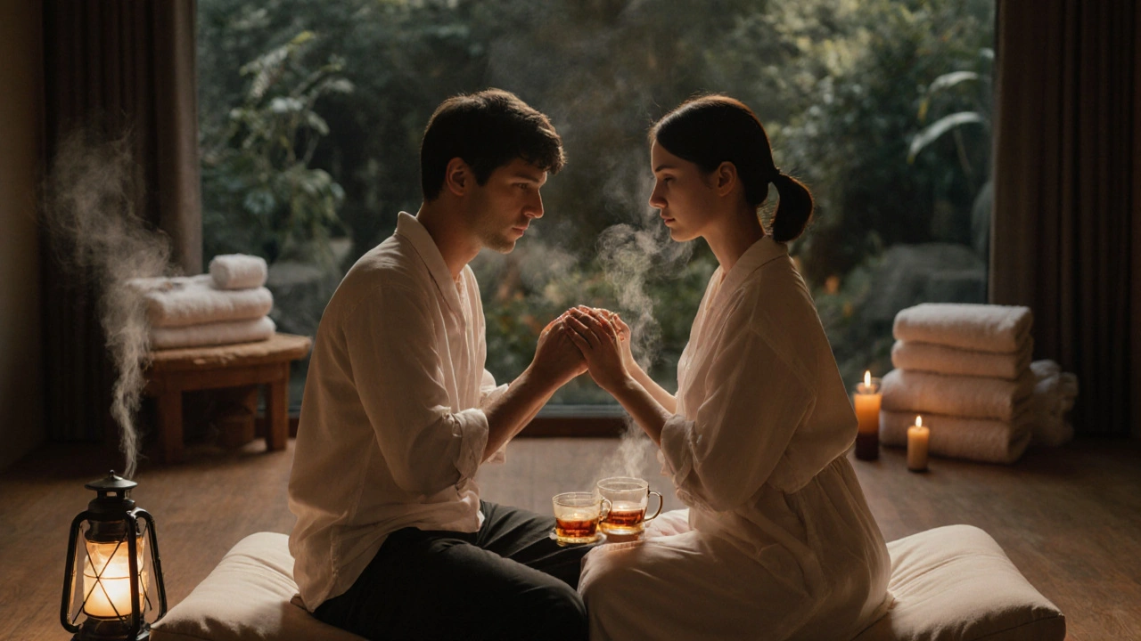 Pár po masáži sedí tichy, ruce se dotýkají, v pozadí prázdná místnost a hřejivý čaj.