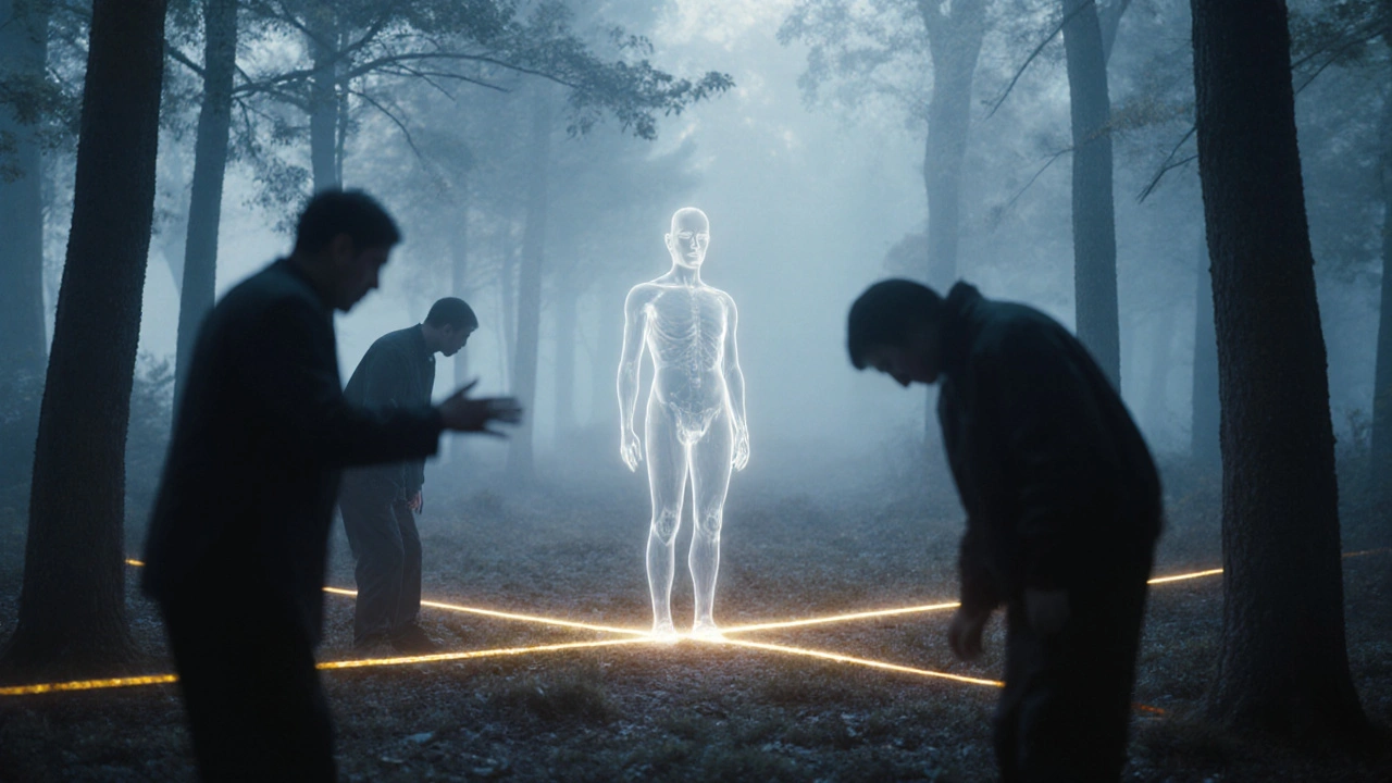 Průhledný člověk v lese s zlatými hranicemi, stínové postavy respektují prostor.