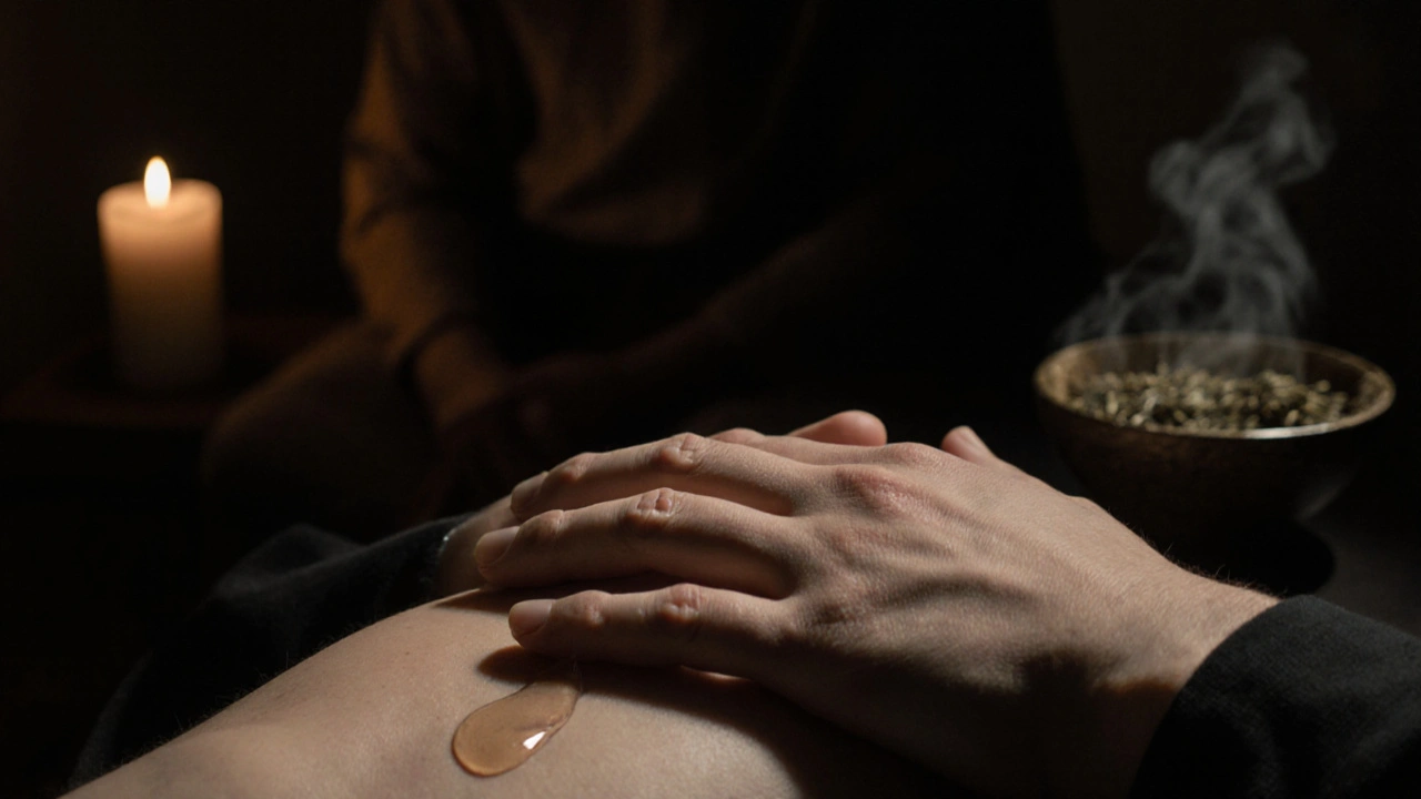 Ruce klidně odpočívají na prsích, jedna slza kape na kůži, zatímco masérka sedí v tichém stínu.