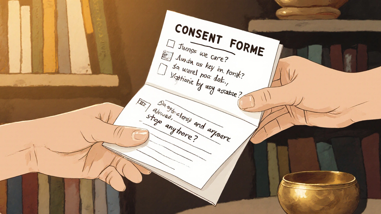 Ruce předávají formulář se souhlasem, na pozadí jsou knihy a zpívající mísa.
