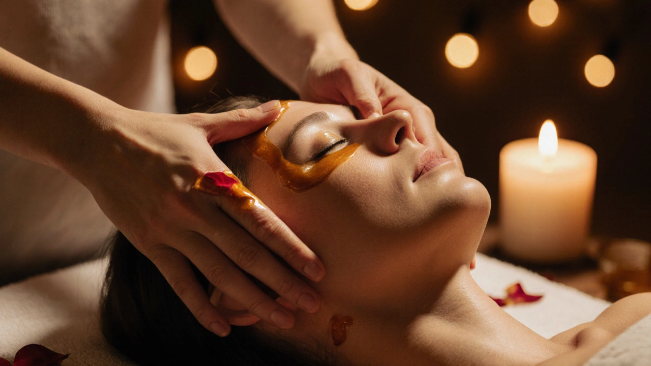 Ruce terapeuta jemně kloužou po krku a hlavě klienta, okolo nich plavou křídla květin a svítí jemné lucerny.