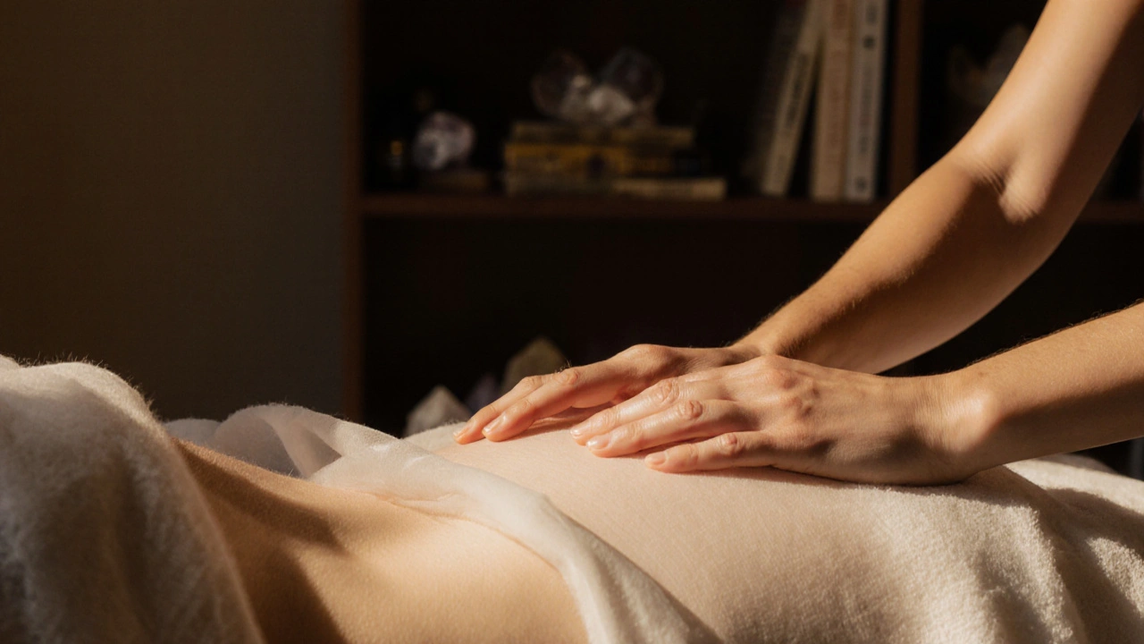 Ruce terapeuty jemně dotýkají těla přes látku, vedou dech a uvolňují napětí.