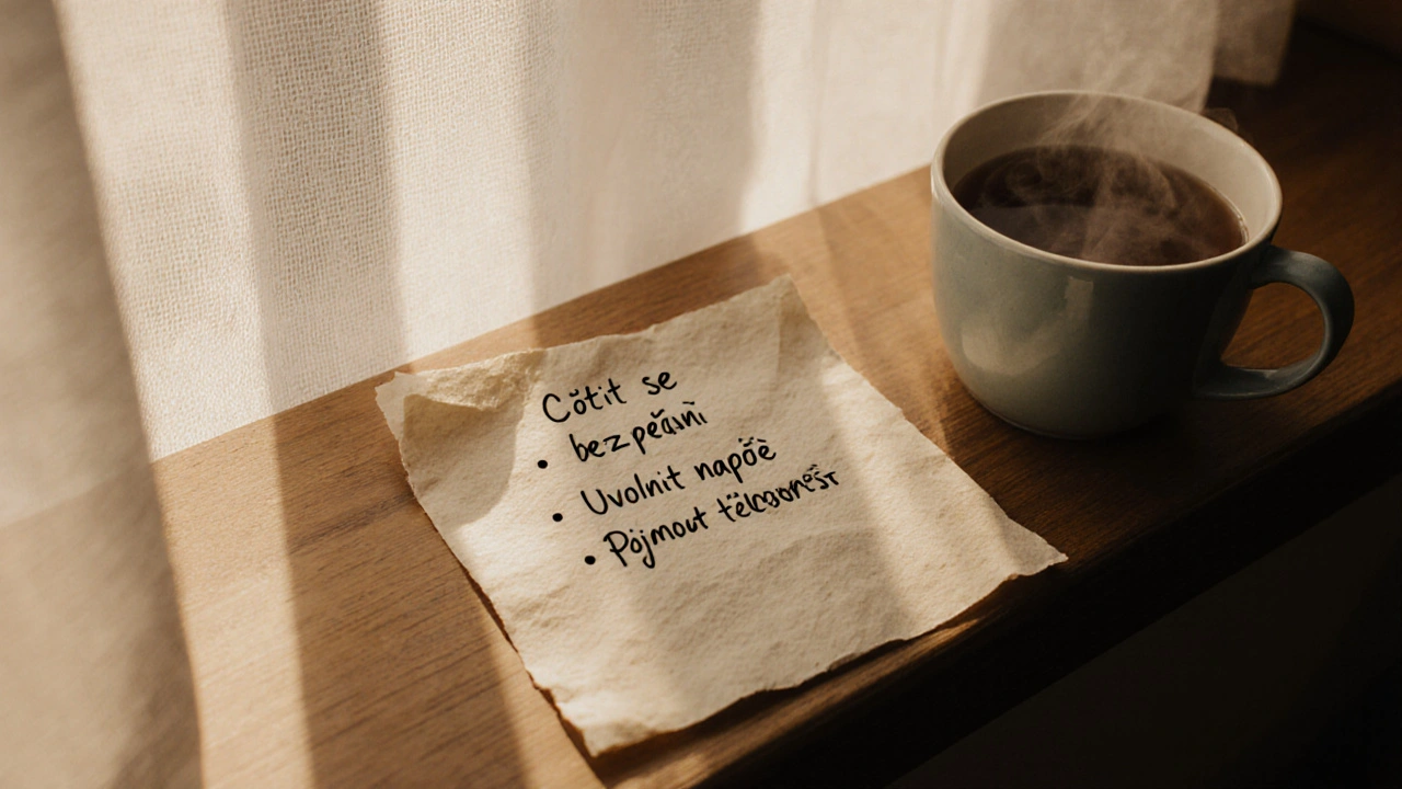 Rukou psaná poznamenání o cílech masáže na starém papíře s šálkem čaje a světlem rána.