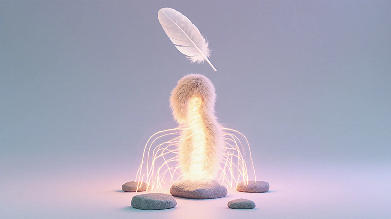 Symbolická scéna spojující peří, kožešinku a teplo jako prvky hlubokého uvolnění.