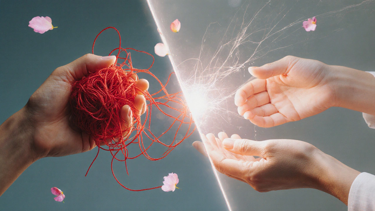 Symbolický obraz: traumatizované uzly se pomalu rozplétají do světla, ruce se nedotýkají.