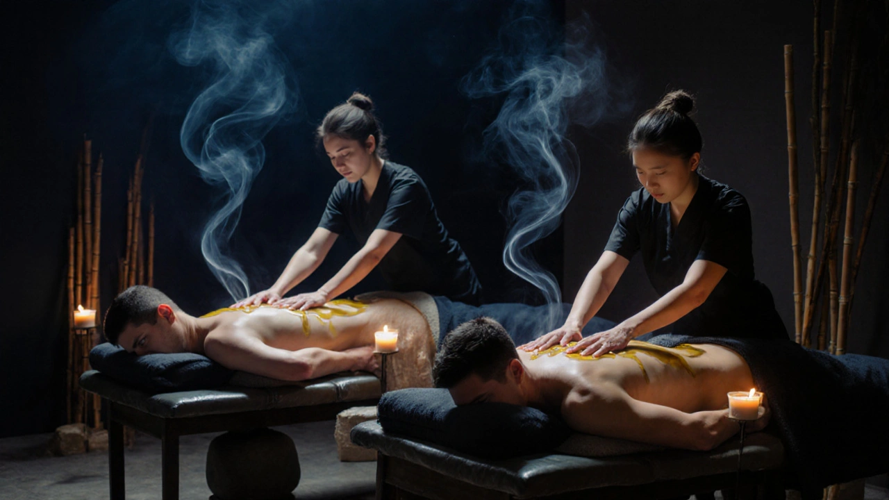 Tantrická masáž páru s teplými kameny a jemným olejem, atmosféra plná kouře z kadidla a klidného světla.