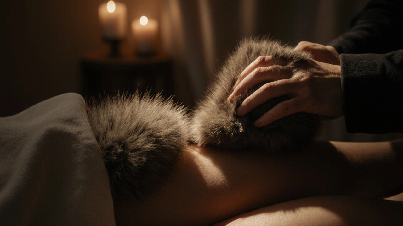 Teplá kožešinka leží na vnitřní straně stehen během masáže.