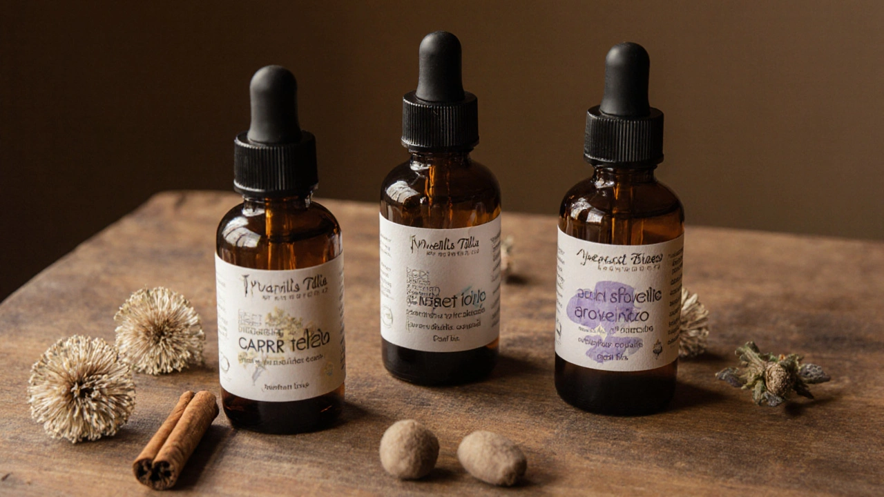 Tři přirozené masážní oleje s éterickými esencemi na dřevěné desce s sušenými květy a skořicí.