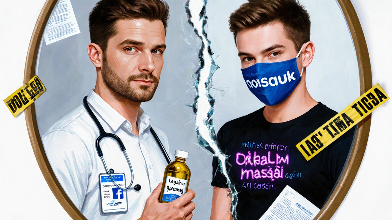 Zlomené zrcadlo odrazující dva obrazy maséře — jeden legitimní, druhý plný podvodných reklamních sloganů.