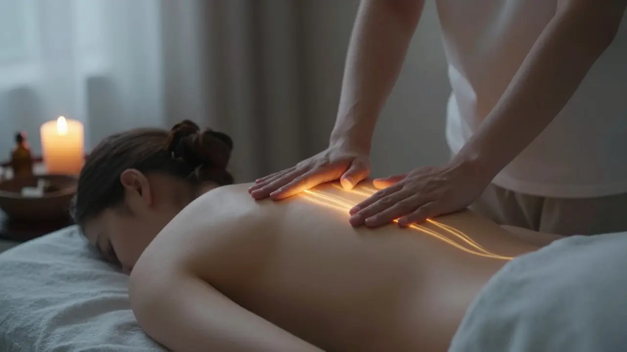 Moderní masážní místnost s praktikujícím, jehož ruce vysílají jemné zlaté proudy energie.