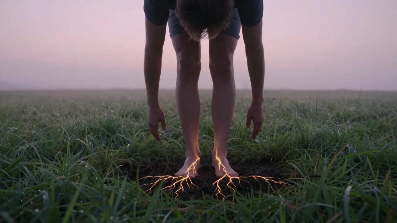Osoba stojí bosá na trávě v ranní mlze, kořeny světla se táhnou do země.