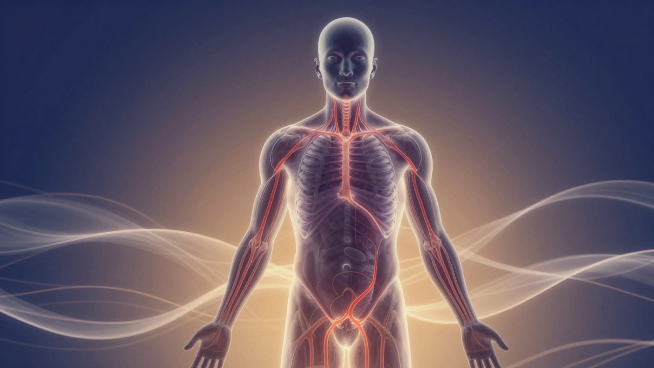 Průhledný silueta lidského těla s prouděním energie a krevního oběhu, teplé odstíny a tma.