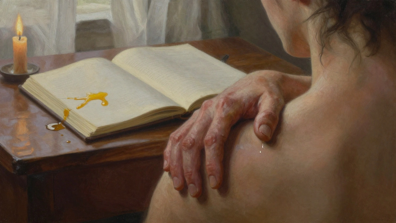 Ruce nad ramenem, ne dotýkající se kůže, s otevřeným sešitem a svíčkou na pozadí.
