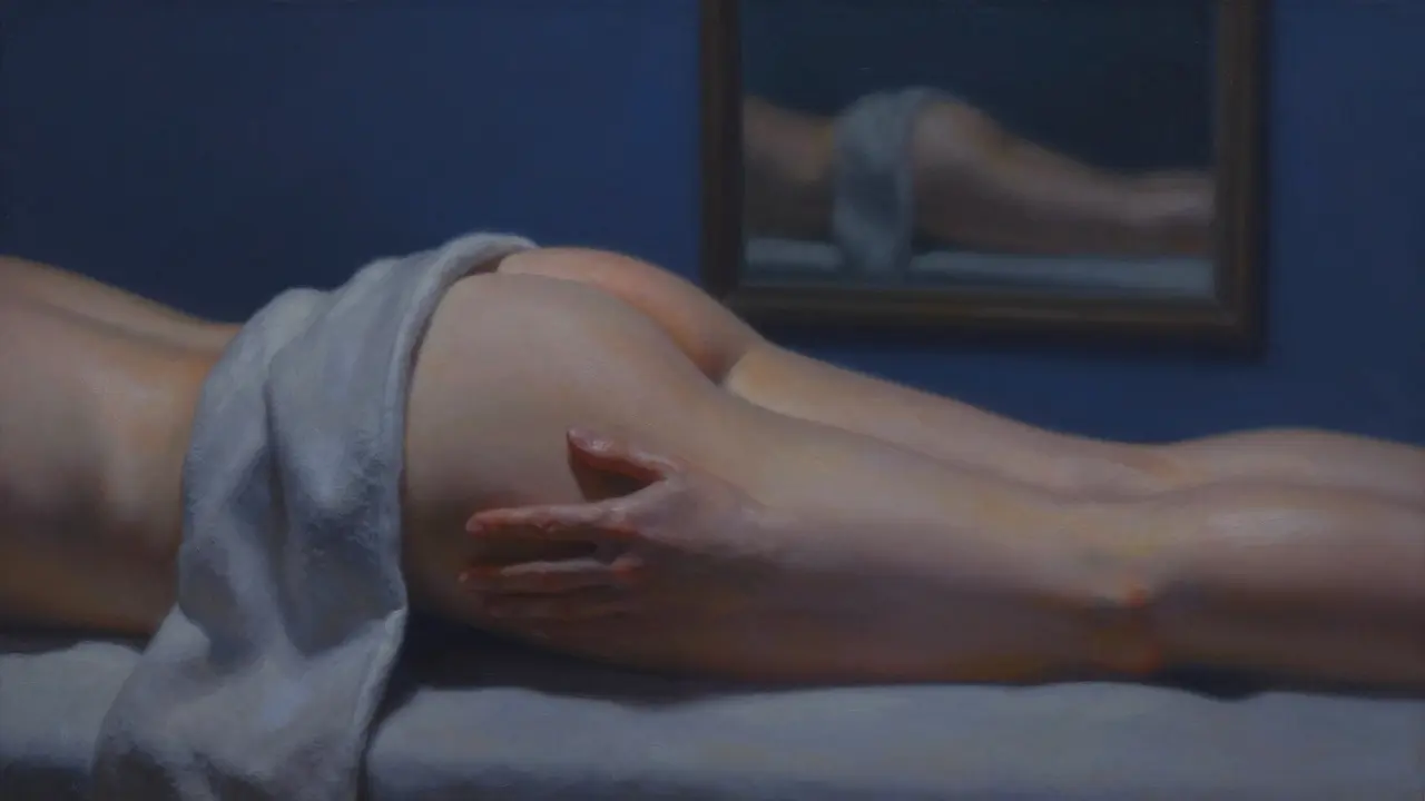 Ruka jemně dotýká vnitřní strany stehna osoby na masážním stole, jen část těla je vidět pod ručníkem.