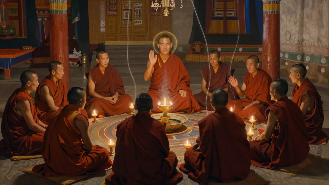 Tibetský klášter s mnichy provádějícími tantrické rituály s viditelnými tokůmi energie.