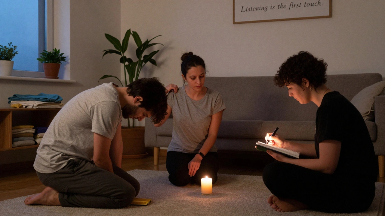 Tři lidé v kruhu po masáži: jedna pláče, druhá podporuje, třetí zapisuje v tichém domácím prostředí.