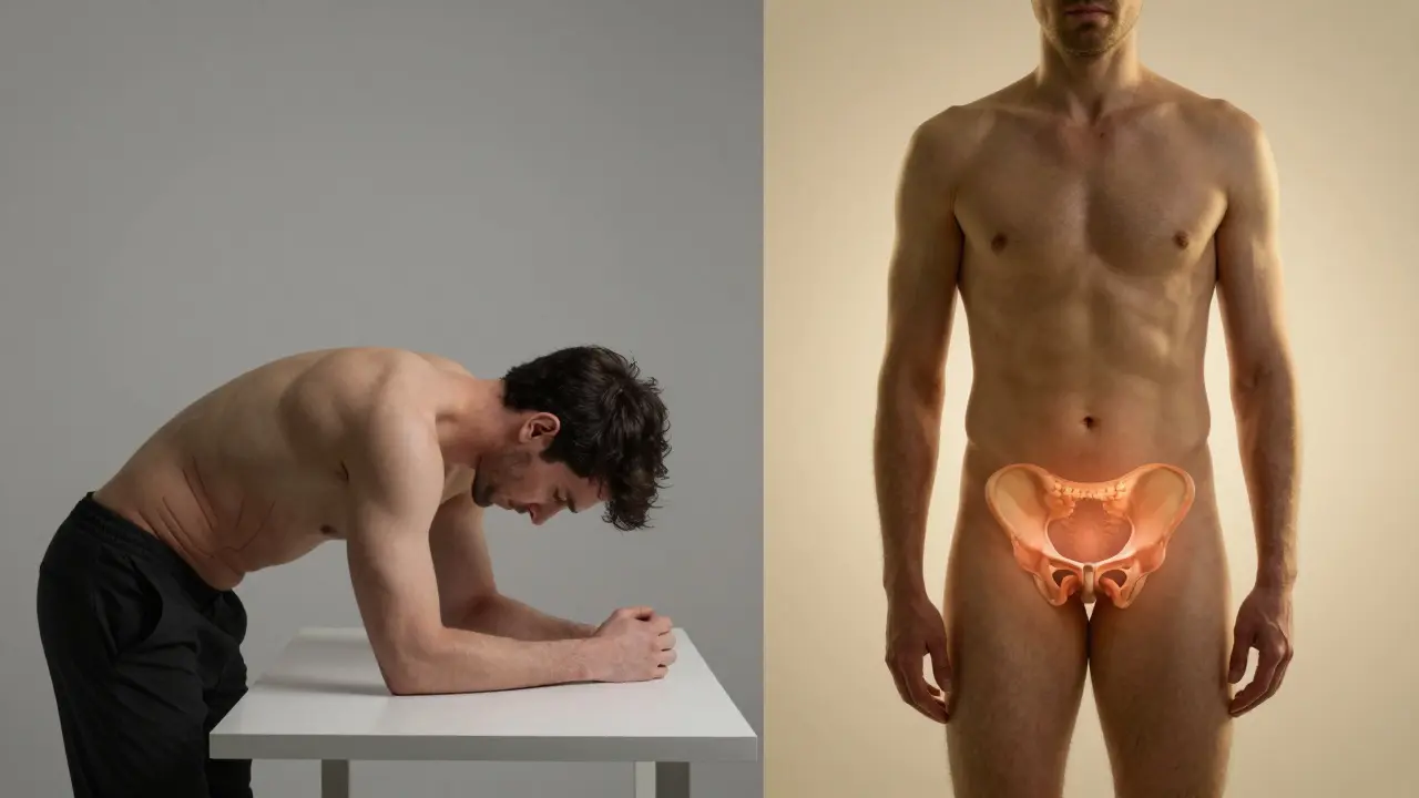 Dvě strany jednoho muže: napjatý před masáží a uvolněný po ní, znázorňující přeměnu těla a mysli.