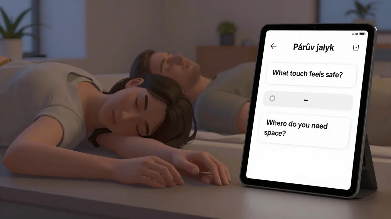 Dvojice si prohlíží aplikaci na tabletu s otázkami o intimitě, klidně leží vedle sebe v tichém prostředí.