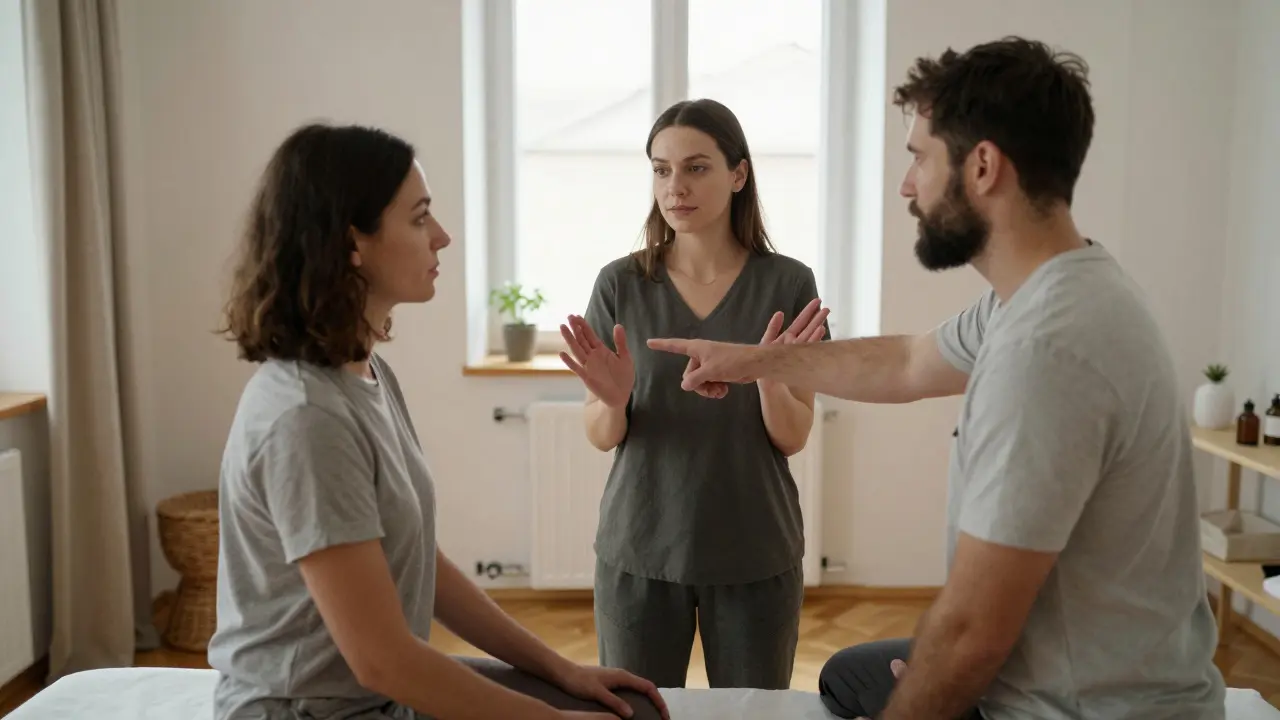 Masér pozoruje páru, která se během masáže komunikuje nezávisle na doteku, důraz na oční kontakt a jemné gesta.