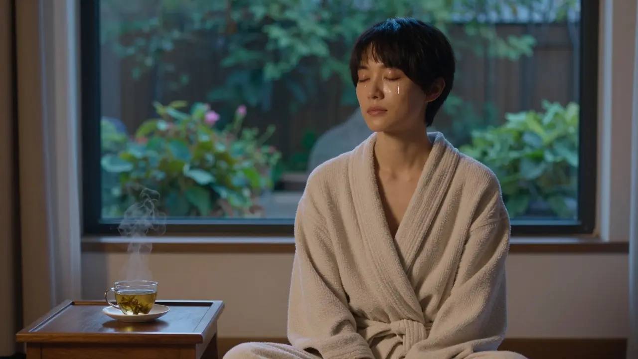 Osoba sedí v plášti s jednou slzou na tváři, za ní září soumrak, symbolizující hluboké uvolnění po tantrické masáži.