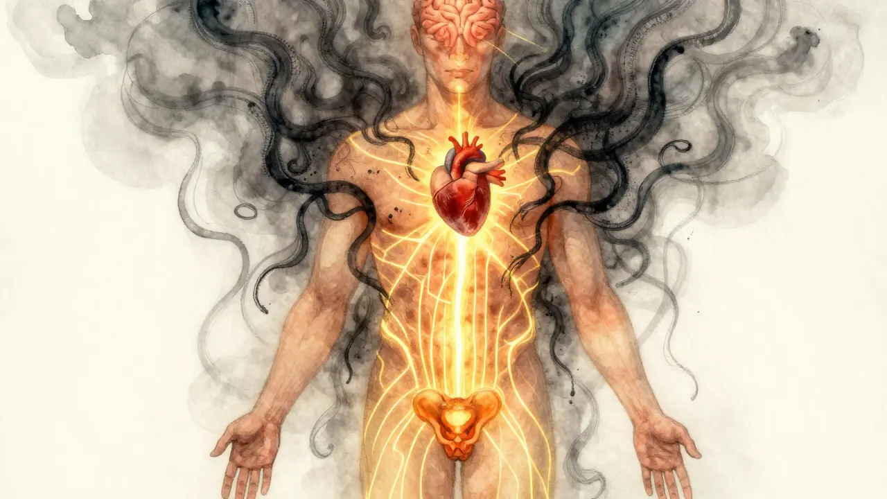 Symbolická ilustrace zlaté energie proudící z pánve k srdci a myslí, znázorňující obnovu životní síly.