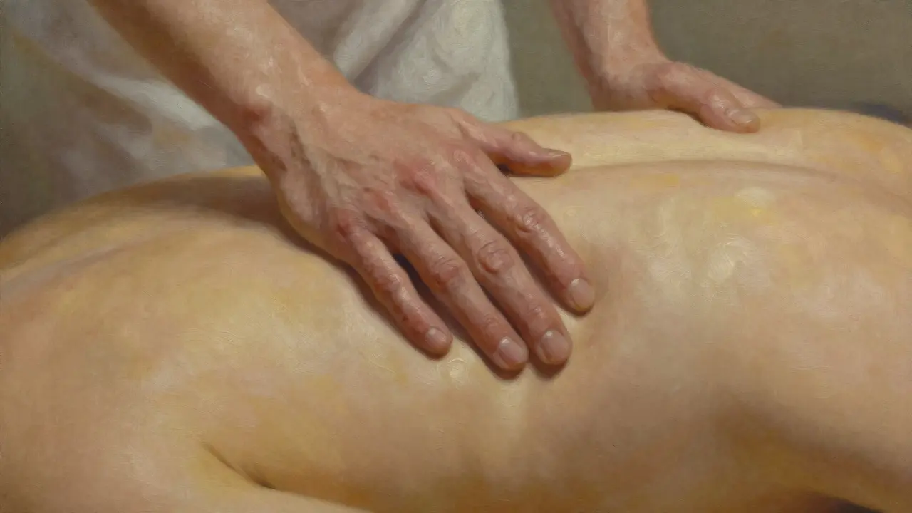 Dvě ruce v pohybu: jedna stlačuje, druhá hladí kůži na zádech při jemném osvětlení.