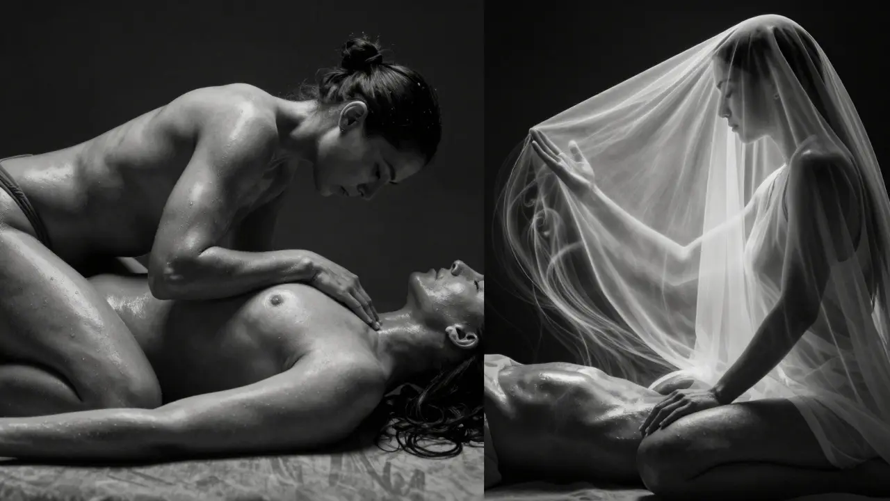 Kontrastní scéna: fyzický kontakt vlevo a energetická přítomnost vpravo, symbolizující rozdíl mezi nuru a tantrou.