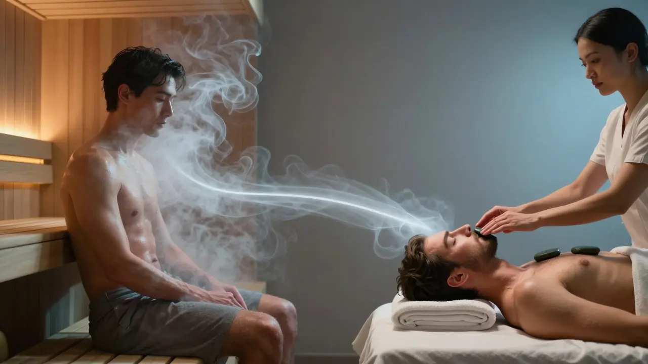 Muž přechází z horké sauny do klidného prostoru, kde mu terapeut pomáhá resetovat nervový systém.