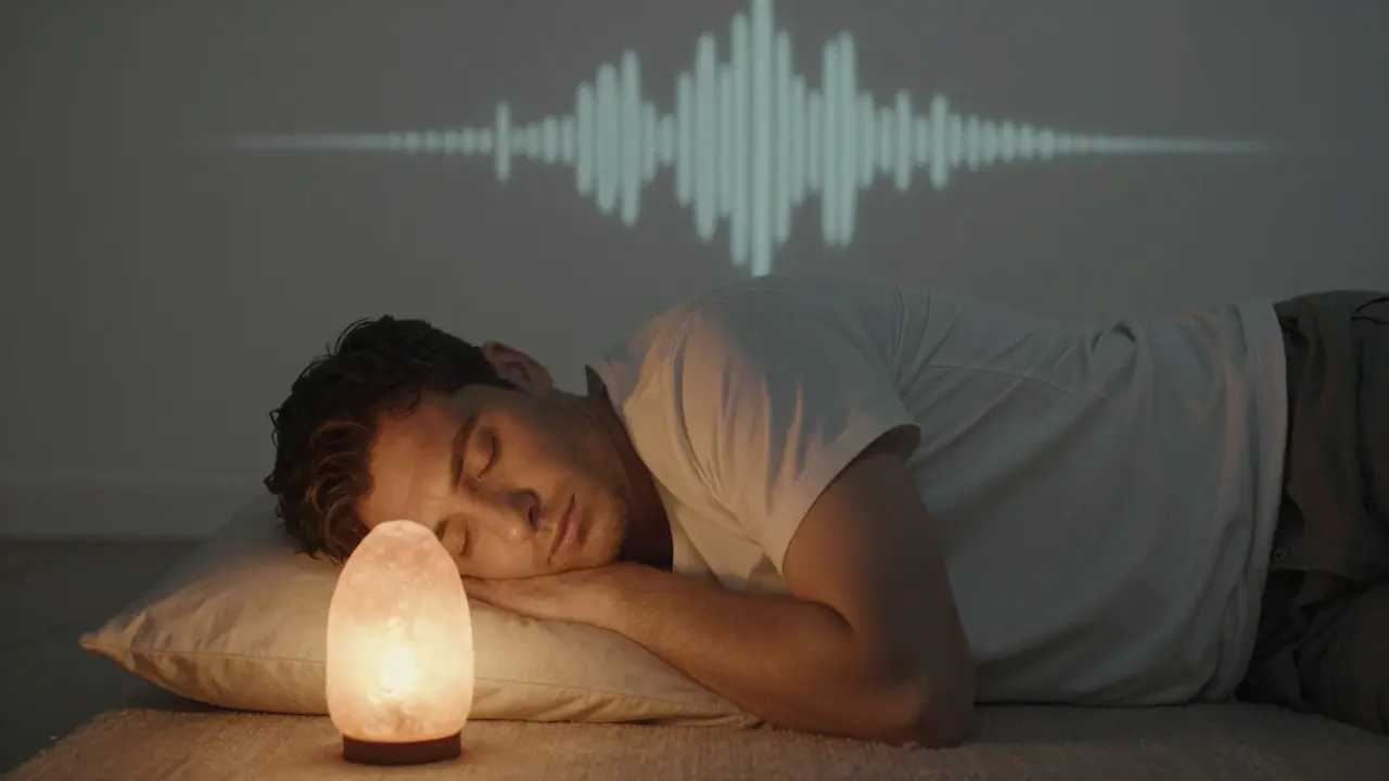 Muž v klidné pozici na boku, oči zavřené, prožívá hluboký odpočinek a vnitřní spojení.