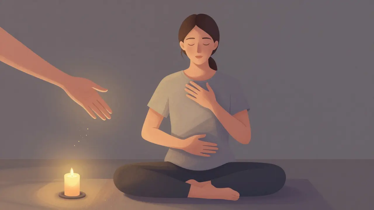 Osoba sedí s očima zavřenými, ruka nad břichem, čeká na výdech ve světle svíčky.