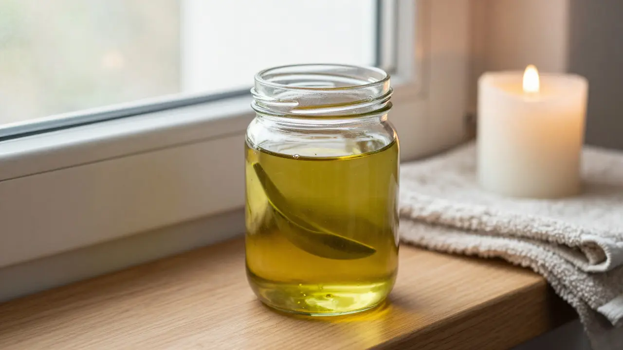 Skleněná lahvička s olivovým olejem leží na dřevěném okenním trámu vedle ručníku a nezapálené svíčky.