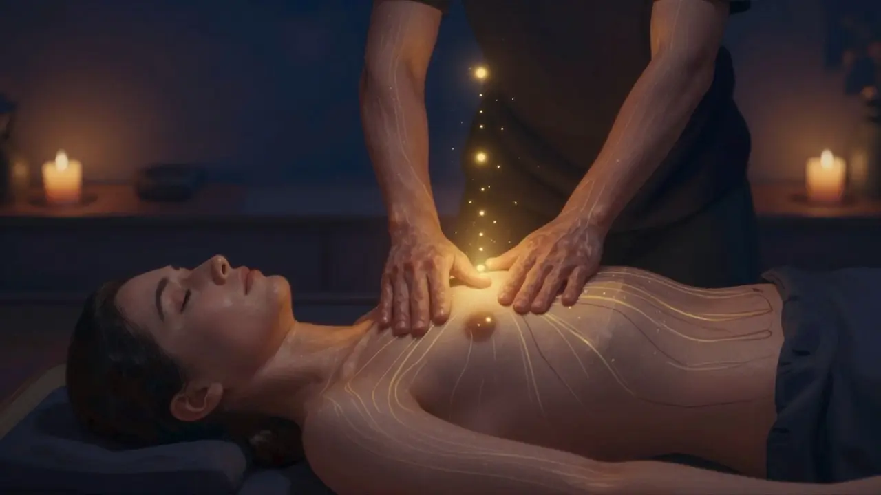 Tantrická masáž s maséřem, který pracuje nad tělem klienta, bez přímého doteku, v mírném osvětlení.