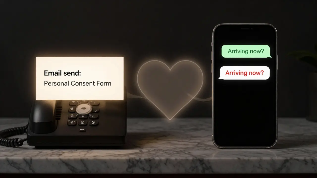Rozdělený obraz: etický e-mail napravo, WhatsApp zpráva nalevo, spojené světlem jako symbol důvěry.