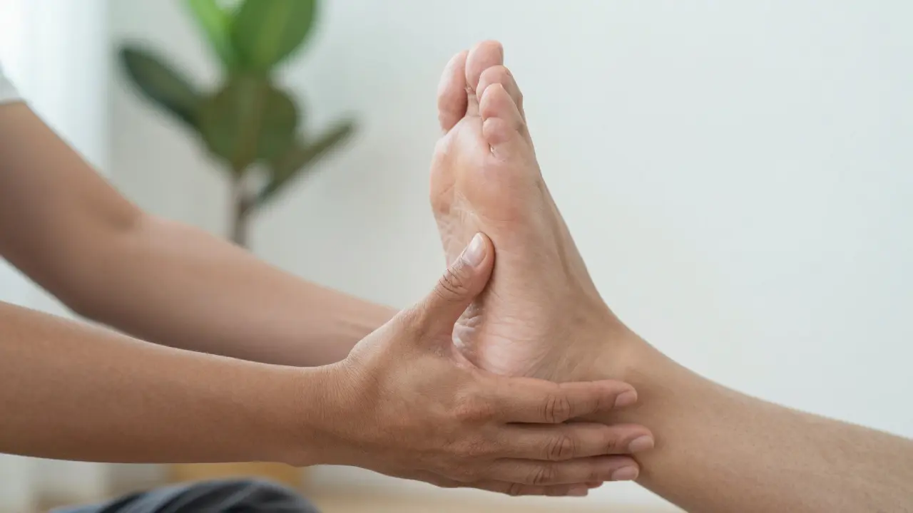 Ruce provádějí tantrickou masáž na nohou a páteři, bez jakéhokoli sexuálního nádechu.