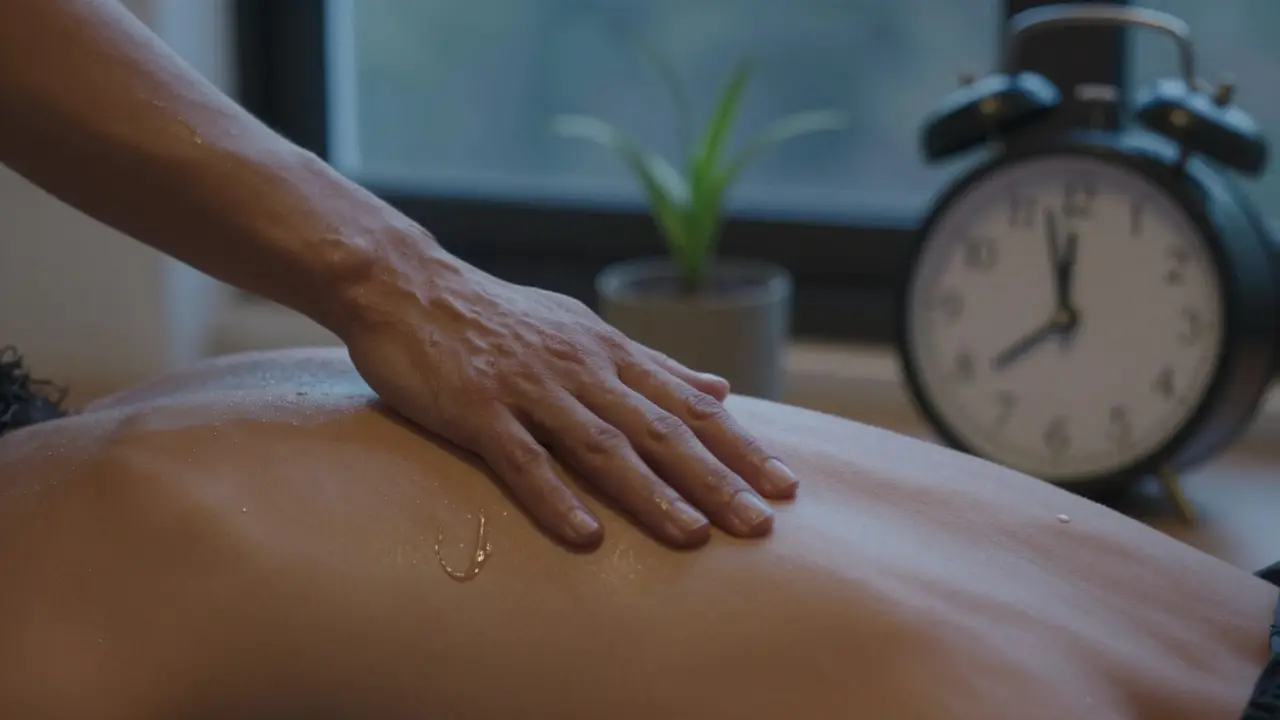 Ruka pomalu masíruje záda pod měkkým osvětlením, na pozadí je přírodní tichost a čas.